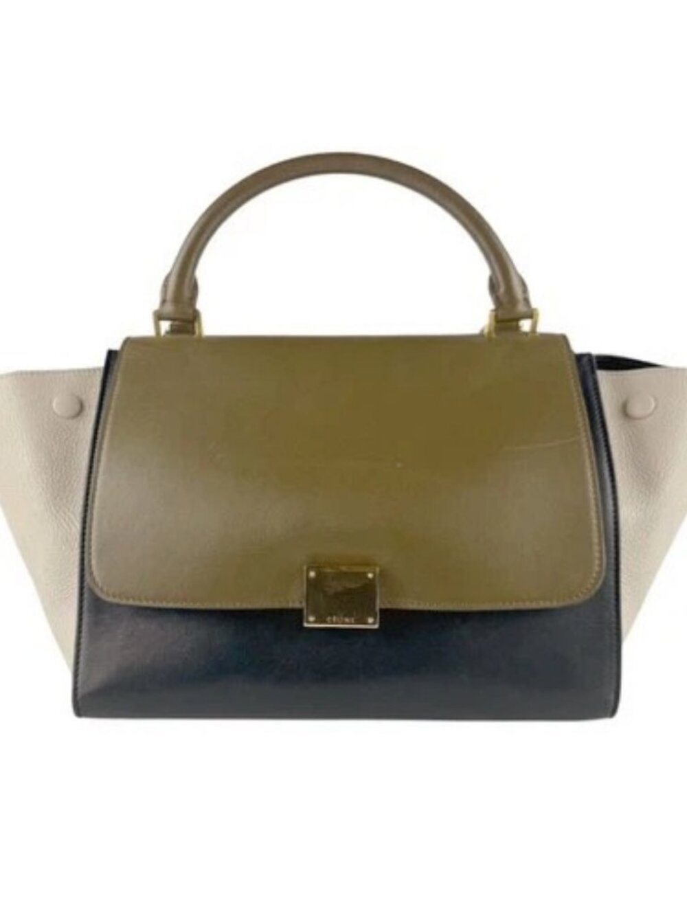 Auth CELINE Trapeze Handbag Shoulder Bag Khaki/Black/Light Beige Leather - z8485